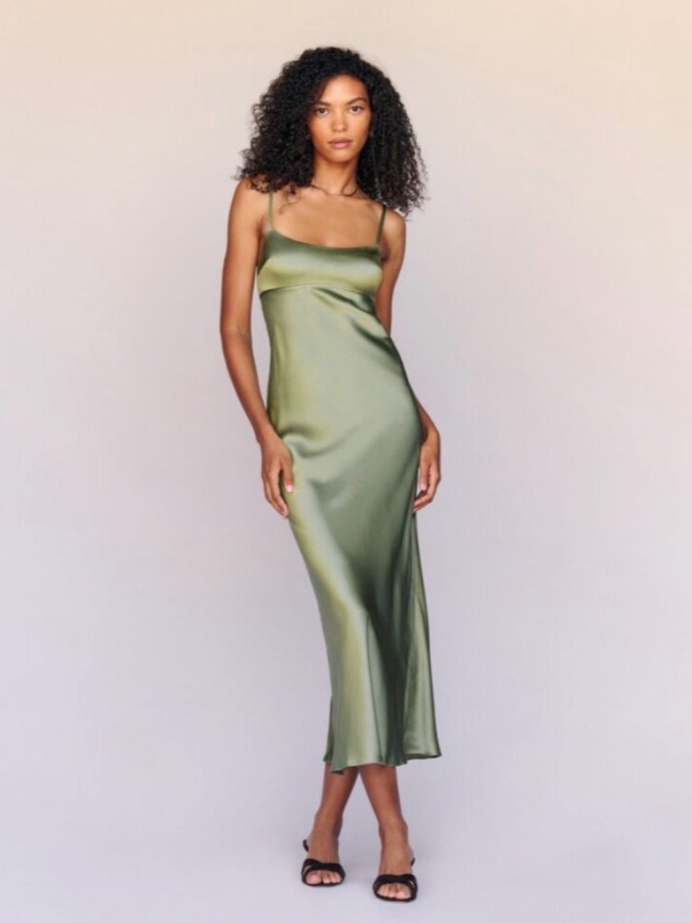 Reformation Olive Green Satin Midi Slip Dress